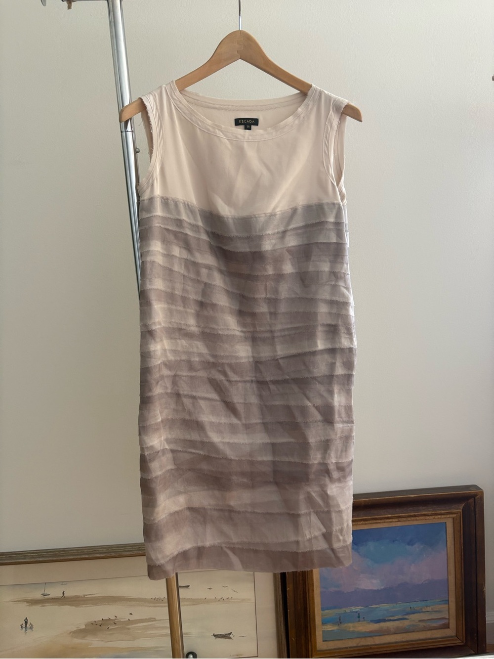 Escada Sleeveless Shift, Silk Raw Edge Dress in Ivory and Coffee Ombré, Size 36